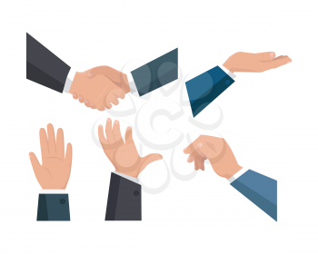 Set of human hand vector in flat style design. Businessman hands in different positions. Human gesture illustration for business presentation concepts, infographic. Isolated on white background.