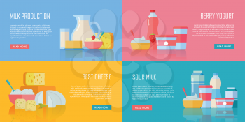 Different traditional dairy products from milk on color background. Milk production, berry yogurt, best cheese, sour milk banners. Assortment of dairy products. Farm food. Dairy website template
