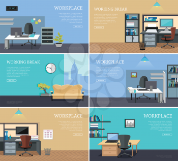 Set of workplace and working break horizontal web banners in flat style. Bright office interior design with modern furniture, plants, racks with documents and ceiling light. Comfortable place for work