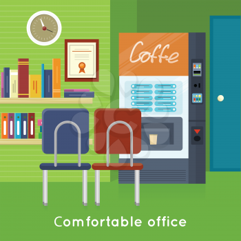 Office interior concept vector in flat style. Bright office room with modern furniture and coffee vending machine. Comfortable place for work. Illustration of modern business apartments design.