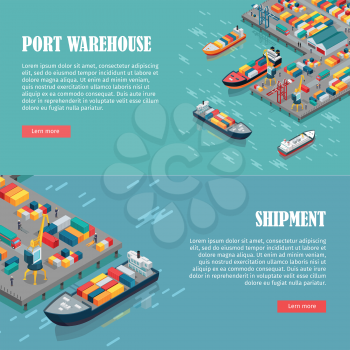 Port warehouse and shipment banner. Cargo containers transshipped between transport vehicles, for onward transportation. Platform supply vessel. Logistic support of goods, tools, equipment. Vector