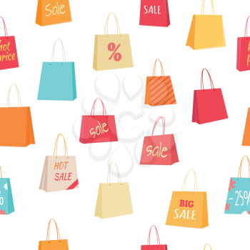 Big sale and discounts seamless pattern. Colorful paper shopping bags with text on white background flat vector illustration. For goods wrapping paper, labels, advertising printing materials design