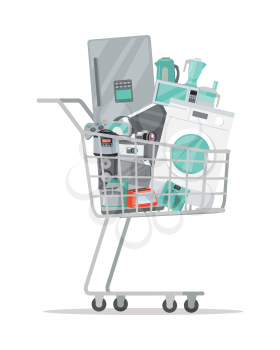 Household appliances in a trolley flat style. Illustration for electronics stores advertising. Purchase of electric equipment for every day use. Big sale concept. Set of devices in cart. Vector