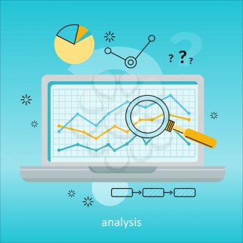 Laptop with magnifier and diagram on screen. Laptop with infographics on blue background. Concept of online business, commerce, statistics, information analysis. Business background. Illustration