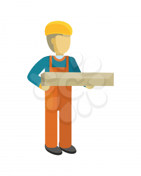 Delivery man holds package in his hands. Manager deliver goods to designated place. Equipment delivery process of warehouse. Loader man isolated on white background. Business delivery of cargo. Vector