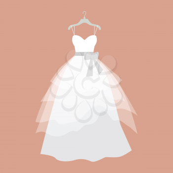Wedding dress vector. Flat design. Elegant white dress with veiling and bow for bride hanging on hanger. Preparing to marriage ceremony. For wedding clothes shop, holiday planning companies ad