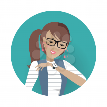 Userpic of a business lady. Woman at work icon symbol sign. Different female faces in circles. Girls user pics set. Avatar collection. Flat style. Part of series of daily routine of the week. Vector