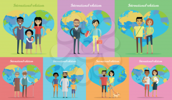 International relations banners set. People on background of globe in heart shape. Interracial family with child. International friendship. Mixed cheerful family. Vector illustration in flat style.