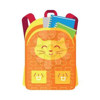 Backpack schoolbag icon with a cat in flat style. Hiking backpack. Kids backpack with notebook and ruler, education and study school, rucksack, urban backpack vector illustration on white background
