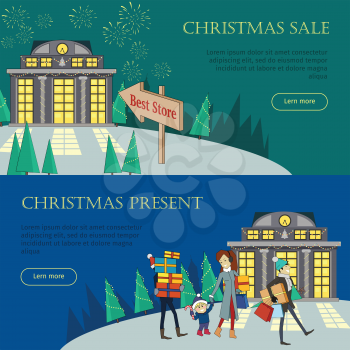 Christmas sale and christmas present web banners set. Best store. Xmas sale glowing shop. Fireworks and santa with reindeers. Special winter holiday offer promotion. Vector illustration in flat style
