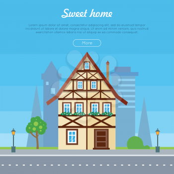 Sweet home house banner poster template. Exterior home icon with city sillhouette. Residential cottage. Modern buildings in flat design style. Real estate concept. Fashionable country building. Vector