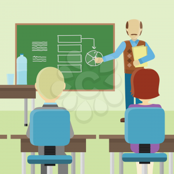 Bald lecturerin in brown sweater and blue pants with documents making a presentation near green blackboard with information. Presentation before an audience, business seminar concept.