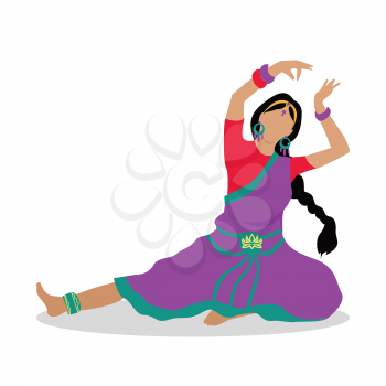 Woman in indian national clothes dance. Vector in flat design. Young girl with braided hair in violet saree, ornamentation and jewelry dancing traditional folk dance. Asian choreography and folklore. 