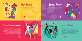 Collection of dancing web banners. Flat style. Folk, disco, electronic, street, jazz dance concepts with dancing women and men in modern and national clothes. For dancing club ad, landing page design