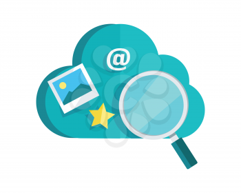Data protection cloud storage design flat concept. Search for information. Online storage sign symbol icon. Cloud computing, cloud backup, network internet web connection. Saving information. Vector