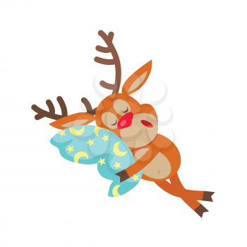 Deer sleeping on pillow isolated. Reindeer sleeps on cushion with moon and stars. Funny cartoon character being asleep in flat style design. Merry Christmas and Happy New Year. Vector illustration