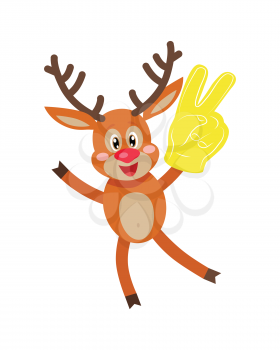 Deer in glove with victory sign isolated on white. Reindeer shows sign victory or peace and scissors by fingers. Deer with glove in form of two finger sign in flat style. Vector illustration