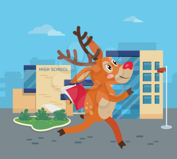 Deer running to school with books. Reindeer hurrying to school. Cartoon character mammal pupil in flat style design. Back to school concept. Happy deer runs to high school. Vector illustration