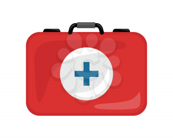 Medical kit icon isolated on white. Realistic emergency bag with red cross. Metal red briefcase. Health care concept. First medical aid. Suitcase with medical equipment and drugs in flat style. Vector