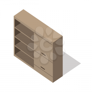 Isometric wooden cupboard. Classic wooden furniture with shadow in flat. Cupboard icon. Living room furniture. Furniture element for home interior. Isolated object on white background