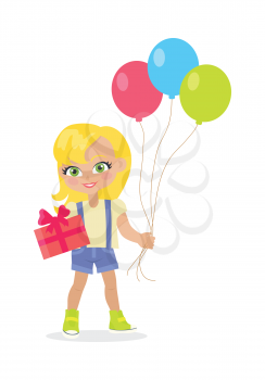 Young girl with balloons and present box isolated on white. Little lady goes to party. Blond toddler with colourful air balloon. Children every day activities. Vector illustration in flat style design