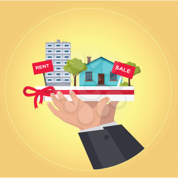 Real estate concept vector. Flat design. Hands holding salver with houses, trees, rent and sale signs on it. Illustration for real estate company advertising, housing concepts. On yellow background.