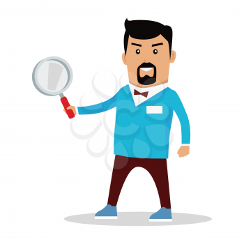Searching information concept vector. Flat design. Job, solution, data, people search illustration. Searching servise icon. Man character with magnifying glass standing on white background.