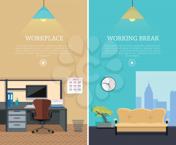 Set of workplace and working break horizontal web banners in flat style. Bright office interior design with modern furniture, plants and urban view from window. Comfortable place for work and rest.