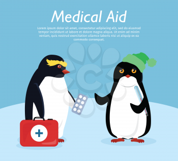 Medical aid. Penguin gives quick medical aid to his friend. Penguin animals with winter landscape on background. Funny polar winter bird banner poster greeting card. Treatment. Vector illustration
