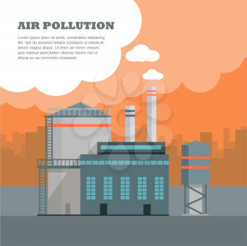 Air pollution banner. Factory with smog pipes isolated on the background of urban city silhouette. Industrial concept. Cause of health problems, acid rains and greenhouse effect. Vector illustration