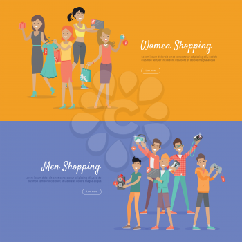 Women and men shopping banners. Woman with dresses, perfumes, accessoires, tablets and jewelry. Man buys gadgets, virtual reality glasses, camera, joystick, torch. Vector in flat style