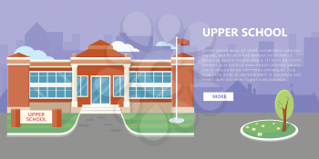Upper school building vector illustration. Flat design. Public educational institution. Modern projects of educational establishments. School facade and yard. Front view. College organization