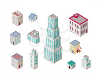 Isometric city buildings vector set. Isometry icons of city. Modern architecture, skyscraper exterior, clean city. Home and office buildings. Eco friendly environment. Residential estate cityscape.