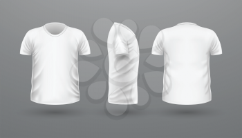 T-shirt template set, front, side, back view. White colors. Realistic vector illustration in flat style. Sport clothing. Casual men wear. Cotton unisex polo outfit. Fashionable apparel.