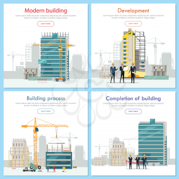 Modern building. Development. Building process. Construction. Completion of building. Stages of house building. Construction of residential houses banners set. Big building area. Vector illustration