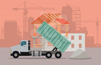 Trucking vector banner. Truck with concrete at building area. Cargo concept in flat style. For cargo companies, advertising. Transportation of goods and materials by heavy construction tipper