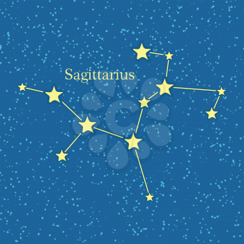 Night sky with Sagittarius constellation. Vector illustration. Traditional zodiacal sign on celestial sphere marked bright stars and lines. For astrological, astronomical, educational, science concept