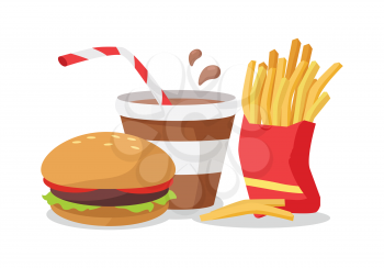 Hamburger, fries in red bag, soda or cola with a stick. Unhealthy food conceptual banner. Fresh cooked food in cartoon style. Junk nutrition food isolated on white. Vector design in flat style