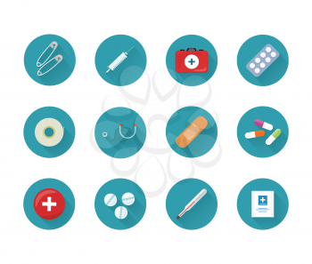 Medicine icons set on web buttons. Safety pins syringe kit pills stethoscope plaster drugs thermometer medicines. Items tools for for medical care. For websites and mobile applications. Vector