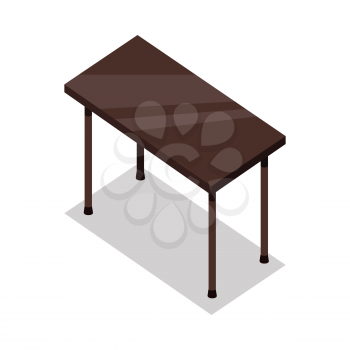 Isometric wooden table with shadow in flat. Illustration of a classical brown wooden table with legs. Empty wooden deck table. Table icon. Isolated vector illustration on white background.