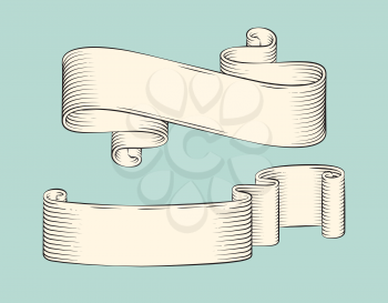 Ribbons monochrome sketches outlines with curly ends. Straps for text sample. Colorless banners hand drawn swirl bands decoration isolated on vector