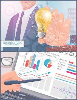 Business idea and analyzing process set vector. Male with lightbulb, person showing increasing chart. Graphic on screen of laptop, working people