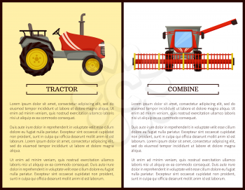 Combine and agricultural machine for land cultivation. Tractor vehicle harvesting devices and machinery in agriculture. Crops gathering set vector