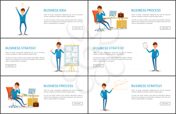 Business process, idea and success, businessman vector. Web pages with text, director talking on phone, running to work and holding victory gold prize