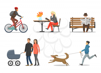 Old pensioner reading newspaper and family mother and father with pram. Biker wearing helmet, woman in cafe, person walking dog pet on leash vector