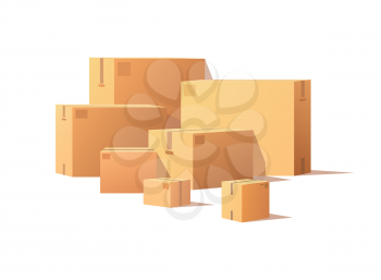 Realistic packages with adhesive tape isolated on white. Carton packs vector delivery icons. Pile of parcel boxes, stacked sealed goods in cardboard.