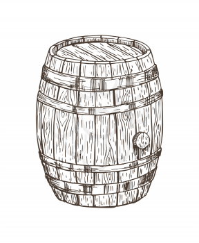 Wooden keg for alcohol drinks isolated graphic art, vector illustration of oak cask for different beverages storing, pencil sketch of wooden container