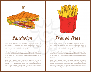 Sandwich and french fries fast food set. Roasted bread with salad leaves, cheese and onion. Fatty fried potatoes in red package vector illustration