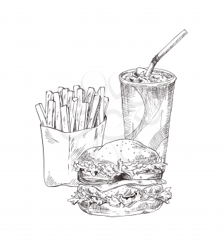 Hamburger and soft drink poured in plastic cup, monochrome sketches outline set. French fried in container fried potatoes sticks vector illustration