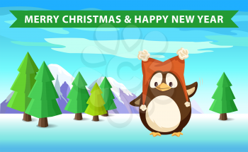 Penguin in forest, Merry Christmas and Happy New Year holidays, firs and spruces, mountain and wild nature, arctic bird in funny hat with bubo vector